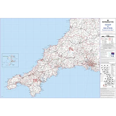 Image of Postcode Sector Map 1 Cornwall And Scilly Isles Wall Laminated With Motorway, A&#039; Roads, B&#039; City Plans, Area, District, Sectors… (Laminated)