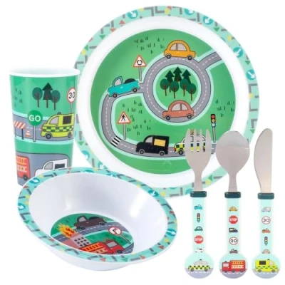 Image of Vehicle Kids 6 Piece Reusable Dinner Set Plate/Bowl/Cup/Knife/Fork/Spoon Childrens Dinnerware Tableware Cutlery