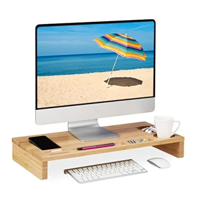 Image of Relaxdays Monitor Stand Bamboo, Screen Raiser for Ergonomic Posture, HWD 8.5x60x30 cm, Display Base Desk, Natural Wood, 100%, Light Brown