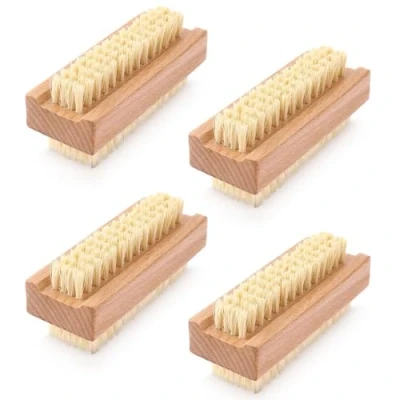 Image of Pack of 4 Double Sided Nail Brushes for Cleaning Nails Wooden Brush Hand Scrubbing Heavy Duty Cleaner
