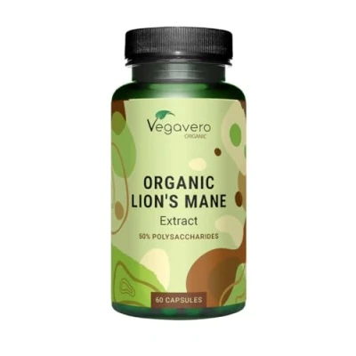 Image of Vegavero Organic Lions Mane Supplement 10,000 mg NO Additives 20:1 High Strength Mushroom Extract (Not Powder) 50% Polysaccharides Focus Vegan