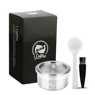 Image of i Cafilas Refillable Reusable Coffee Capsules, Compatible for Lavazza Espresso Point Capsules Blue Pods Stainless Steel with 1 Spoon Brush (for Point)