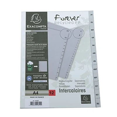 Image of Exacompta Ref 1812E PP Printed Indices For Use With A4 Documents, 0.1mm Polypropylene, Pre Punched, Soft &amp; Tear Resistant 12 Divider Parts (Janvier Decembre) Grey
