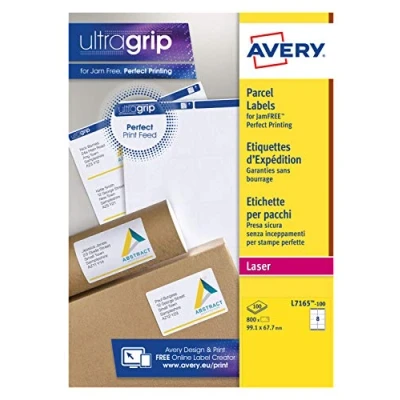 Image of Avery L7165 Self Adhesive Parcel Shipping Labels, Laser Printers, 8 Labels Per A4 Sheet, 800 UltraGrip, white,99.1 x 67.7 mm