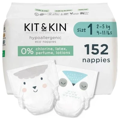 Image of Kit &amp; Kin Premium Eco Baby Nappies Size 1 Plant Based Hypoallergenic Superior up to 12 Hour Leak Protection Newborn 2 5 kgs / 4 11 lbs Monthly Pack of 152