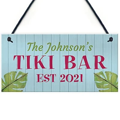 Image of RED OCEAN Tiki Bar Personalised Hanging Sign For Home Novelty Garden Signs