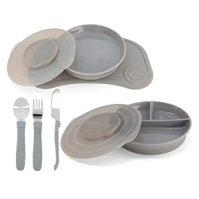 Image of Twistshake Baby Tableware Set 6 Piece 1x Silicone Placemat Kid Plate Divided 3X Stainless Steel Learn Cutlery Dinner Weaning 6+ Month Grey