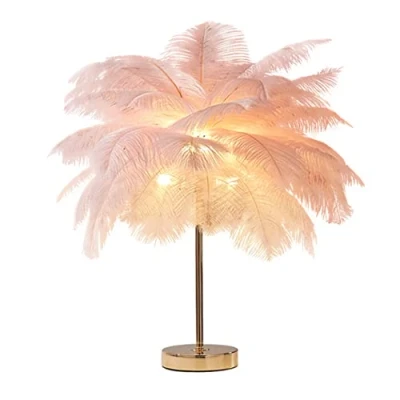 Image of DUNMW Creative Pink Ostrich Feather Table Lamp Bedside Light Luxury and Elegant Lampshade Night Lighting for Living Room Bedroom Home Decoration