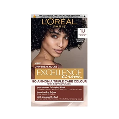 Image of L’Oréal Paris Ammonia Free Permanent Hair Dye, 1U Universal Black, Complexion Flattering Reflects, Up to 100% Grey Coverage Colour, All Types, Excellence Crème Nudes, 1 Application