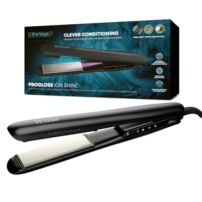 Image of REVAMP Ion Shine Ceramic Hair Straighteners, Infrared and Ionic Technology for Sleek Frizz Free Results, Infused with Smooth Keratin, Argan Coconut Oils, Variable Heat, All Types, Black