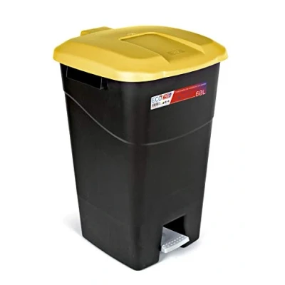 Image of Tayg 60 liter waste bin with pedal, black base and yellow lid, plastic