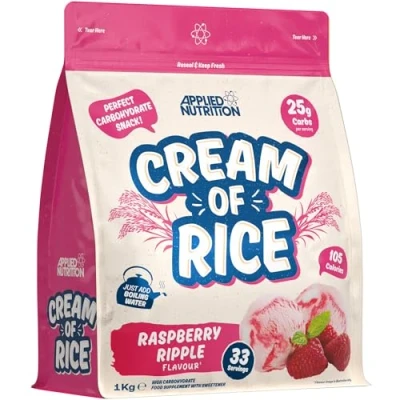Image of Applied Nutrition Cream of Rice High Carbohydrate Supplement, Source Energy for Breakfast &amp; Snacks, Easy to Digest, Low Sugar, Fat, Vegan, 1kg (Raspberry Ripple)