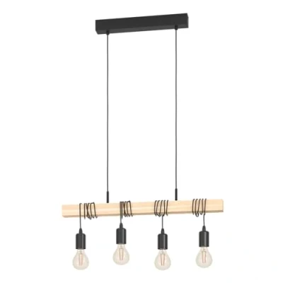 Image of Eglo Pendant Lighting Townshend, 4 Light Vintage Hanging lamp in Industrial Design, Retro Ceiling Made of Black Metal and Natural Wood, FSC Certified, E27
