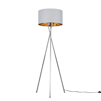 Image of MiniSun Modern Polished Chrome Metal Tripod Floor Lamp with a Grey &amp; Gold Cylinder Shade Complete 6w LED Bulb [3000K Warm White]