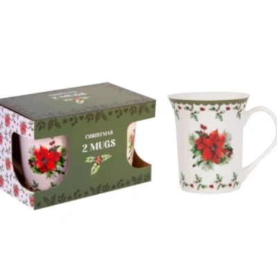 Image of RSW Set of 2 Mugs Christmas Holly Design Bone China Microwave Safe Coffee Drinkware