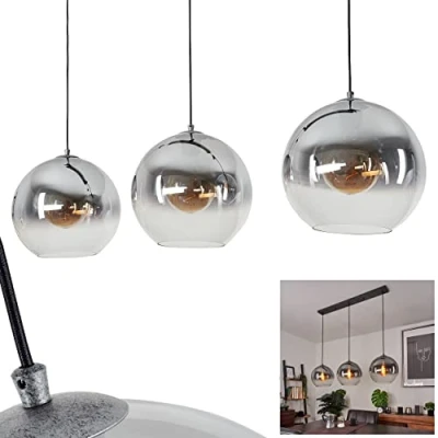 Image of Leissigen Pendant Light, Modern Hanging lamp Made of Metal/Glass in Antique Silver/Smoke Colour, with lampshades Real Glass, Height max. 150 cm, 3 Flame, x E27, Without Bulbs
