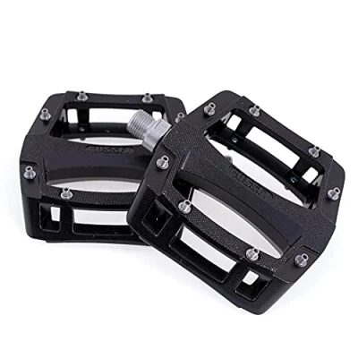 Image of Gusset Slim Jim Alloy Flat Mountain Bike Pedals Black/Silver, 9/16&quot; / Lightweight Aluminium Metal MTB Cycle Trail Cycling Dirt Jump Enduro Downhill Grip Platform Ride Part Biking Chromo Axle Pair