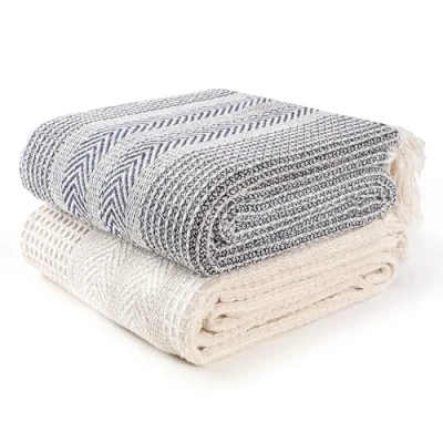 Image of EHC Throw Blanket, Throws for Sofas armchairs Sofa Settee Couch Bed Cover Over Blanket throw, 125 x 150 cm, Navy/Ivory (Pack of 2)