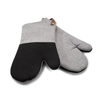 Image of Cuisinart Neoprene Grey Oven Gloves Set of 2 Mitts with Charcoal Herringbone Cuff, Faux Leather Hanging Loop, Non Slip, Heat Resistant