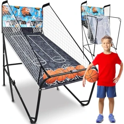 Image of Dual Hoop Basketball Shootout Indoor Home Arcade Room Game with Electronic LED Digital Double Basket Ball Shot Scoreboard and Play Timer Fold up Court Shooting Sports for Kids Adults Player