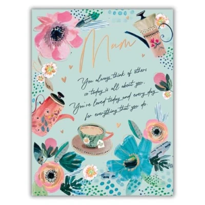 Image of Words &#039;n&#039; Wishes Mum Birthday Card Tea Cup, Flowers and Sentiment Verse Embossed with Foil Details Eco Friendly