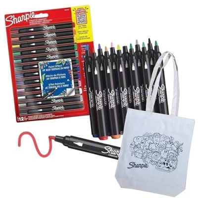 Image of SHARPIE Acrylic Paint Markers Bullet Tip with Cotton Bag Print for Colouring Blister of 12