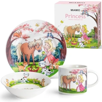Image of MIAMIO Set of 3 Kids Dinnerware Set/Children Dishes, Dish Set, Children’s Tableware Includes Plate, Bowl and Cup for Toddler (Princess)
