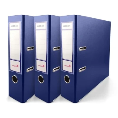 Image of Netuno 3X Folder Lever Arch Dark Blue 2 Ring Binder Ekobox Organiser 8 cm 3,15 inch A4 Wide Cardboard for Office Shelf Folders Desk