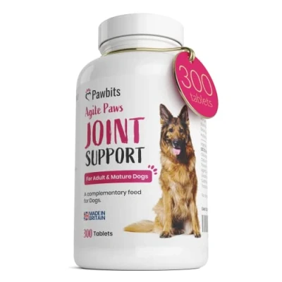 Image of Pawbits 300 Adult Senior Dog Hip &amp; Joint Supplements for Older Mature Dogs. High Strength Green Lipped Mussel Supplement Elderly Dogs with Stiff Joints Glucosamine, Vitamin C E