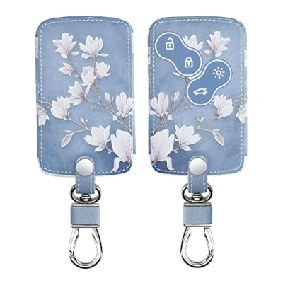 Image of kwmobile Key Cover Compatible with Renault 4 Button Car (only Keyless Go) Faux Leather Magnolias Taupe/White/Blue Grey