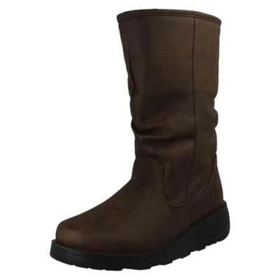 Image of Spot On Ladies Fur Lined Zip Up Wide Fit Wedge Heel Mid Calf Boots F4466 Brown Synthetic UK Size 8 EU 41 US 10