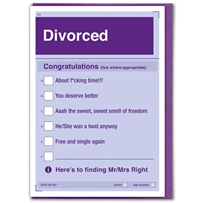 Image of Brainbox Candy Funny &#039;Divorce&#039; Celebration Card Tick Box Cheeky Joke Humour Cards Novelty For Him Her Friends Mates