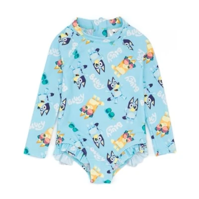Image of Bluey Girls Swimsuit Baby Toddlers Blue Bingo Logo All Over Print Swimming Costume Long Sleeve with Frill Hem