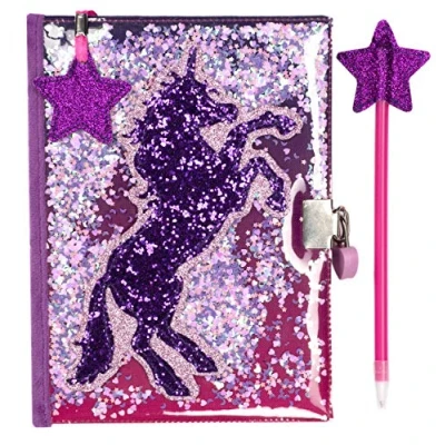 Image of Fringoo Glitter Girls Secret Diary with Star Pen, 2 Keys, Heart Padlock and Matching Bookmark Beautiful Notebook Pen Set for Secrets Unicorn