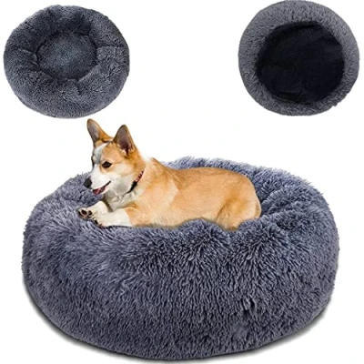 Image of Posh Pooch Donut Pet Bed Round Cushion Marshmallow Super Soft Faux Fur Cuddler, Calming Fluffy Comfy for Dog and Cat (LARGE (80 CM), Dark Grey)
