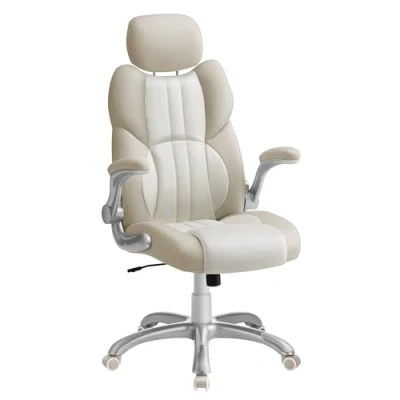 Image of SONGMICS Office Chair, Ergonomic Gaming Adjustable Headrest, Tilt Function, Foldable Armrests, Swivel Castors, Height, E sports Cream White OBG065W12