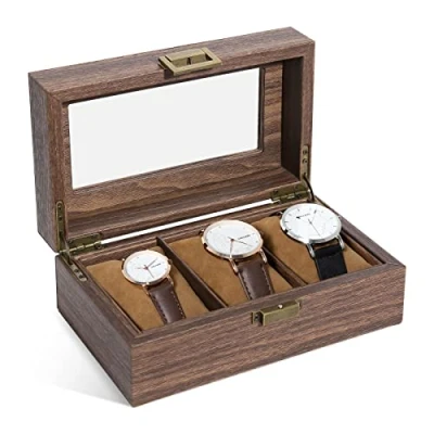 Image of Uten Watch Box with 3 Slots, Case Real Glass Lid, Wood Grain PU Leather Display Storage Removable Imitation Suede Pillows, Metal Clasp, Gift for Men and Women