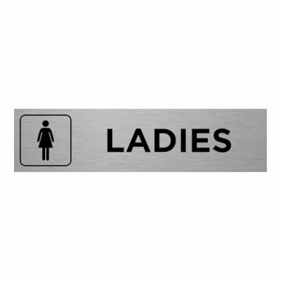 Image of Slimline Aluminium Ladies Symbol Toilet Sign from ViroDisplay® Brushed Silver 200 x 50mm Durable Printed Surface Self Adhesive Fixing