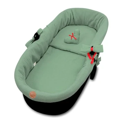 Image of Border Muslin for prams Cover Baby Bath nest pram Accessories Set 3 Piece with Pillow and Mattress Green