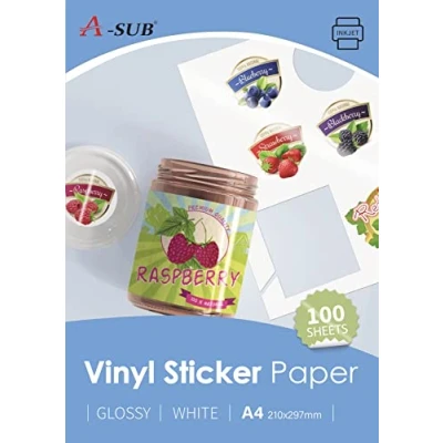Image of A SUB White Glossy Premium Waterproof Printable Vinyl Sticker Paper, Self Adhesive Labels for Inkjet Printers, A4 Size, 100 Sheets