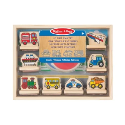 Image of Melissa &amp; Doug 12391 My First Wooden Stamp Set Vehicles Arts Crafts Sets Stencils 4+ Gift for Boy or Girl, Multicolor, 27.94 cm*4.572 cm*21.082 cm
