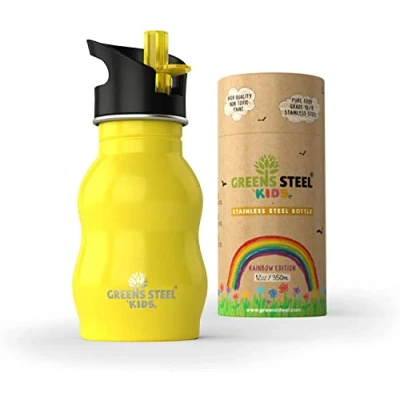 Image of Kids Water Bottle 350ml, Yellow Stainless Steel Upgraded Leak Proof Lid With Straw &amp; Handle for Children Easy Sip Toddler Cup Eco Friendly Drinks Great a Lunch box or Gift