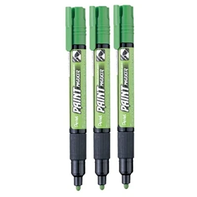 Image of Pentel Light Green Permanent Paint Marker Pen Colour Pens Metal Plastic Stone Wood Mirrors 4mm Bullet Nib Tip 2.5mm 2.9mm Line Width Cellulose Based Opaque Pigment Ink MMP20 KO (Pack Of 3)