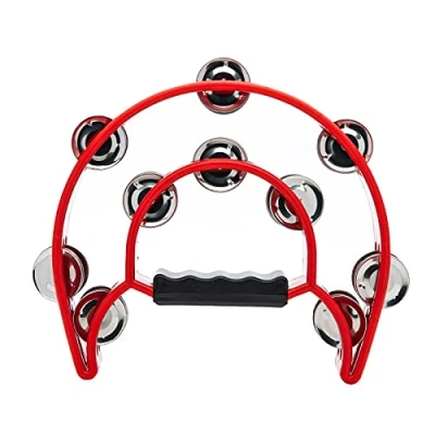 Image of Musfunny Hand Tambourine Musical Instrument, Half Moon Tambourines with Double Row Metal Jingles Handheld Percussion Gifts for Adults Party Music Classes Bands (Red)