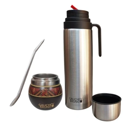 Image of Gaucho Bruno Stainless Steel Mate to Drink Yerba Maintains Temperature Designed Look Like a Natural Gourd with Bombilla and 1 Litre Flask Precision Pour Spout pico Cebador