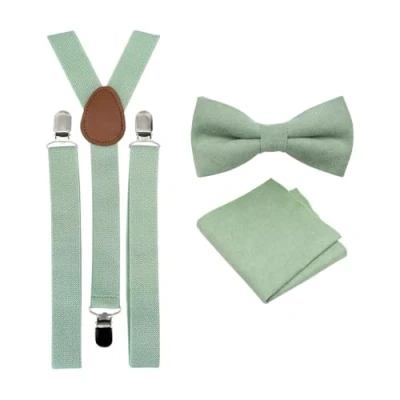 Image of Men&#039;s Luxury Cotton Blend Pre Tied and Adjustable Bow Tie, Pocket Square (Sage Green) Braces Set (Eucalyptus) suitable for formalwear, office, weddings, parties, grooms &amp; groomsmen outfits