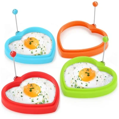 Image of COM FOUR® 4X Omelette pan Shape Heart, for Fried Eggs and Pancake, Silicone Heart with Heat Protection Handle Frying Pans (04 Pieces Colorful)