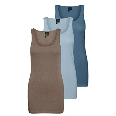 Image of VERO MODA Women&#039;s VMMAXI My Soft Long Tank Top GA 3P, Brown/Blue/Blue (1x Walnut Light Melange/1x Blue Fog/1x China Blue), M
