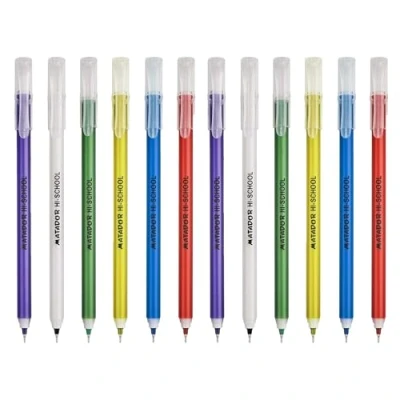 Image of Matador Hi School Fine Point Roll Gel Pens 0.5mm Ballpoint Black Ink Comfort Rubber Grip Fun Colourful Designs Pack Of 12