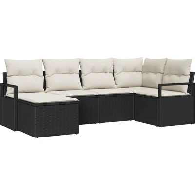 Image of vidaXL 6 Piece Garden Sofa Set with Cushions Black Poly Rattan